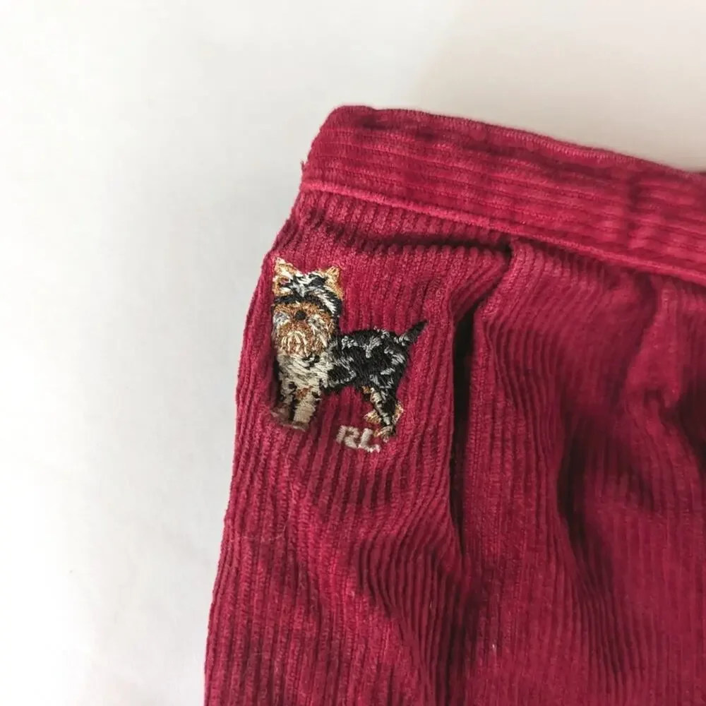 Ralph Lauren Pants Baby Girls Sz 12m Red Corduroy Dog Embroidered Preppy